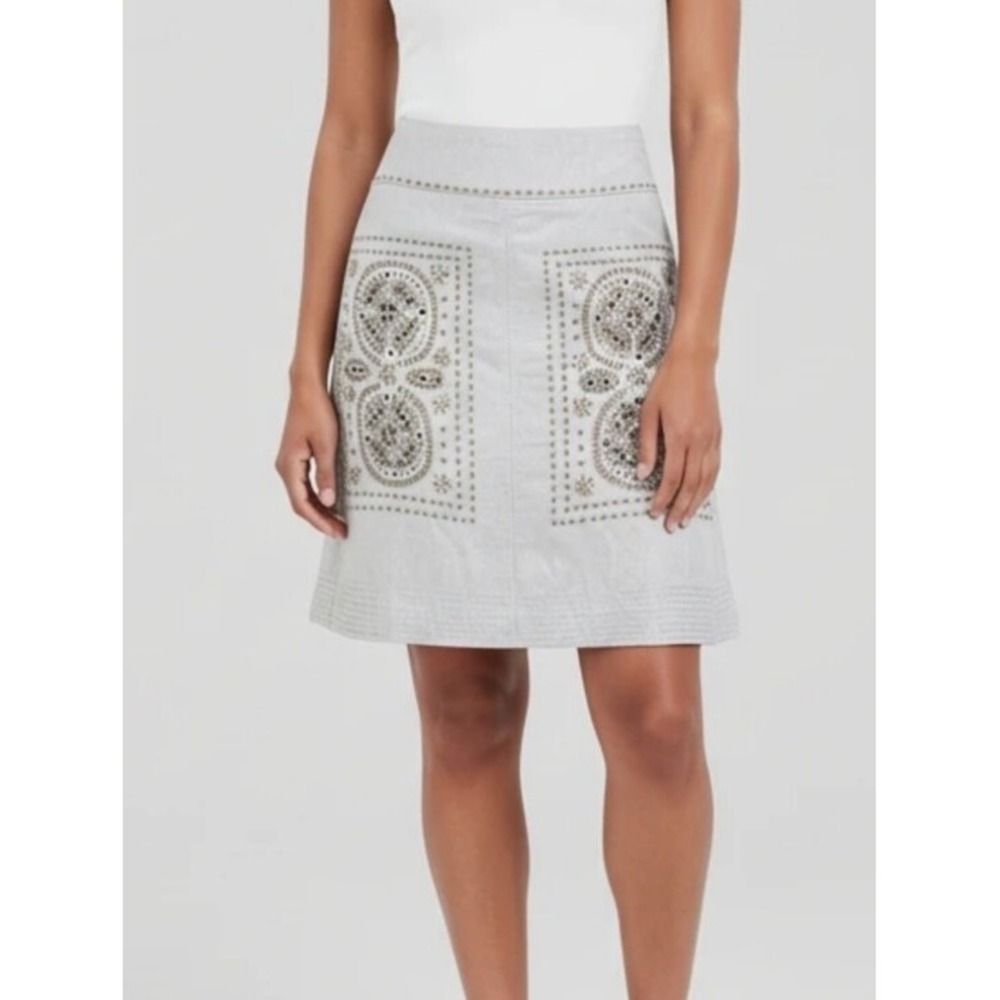 Floreat Anthropologie‎ Silver Metallic Embroidered Studded Mini Skirt Sz 0